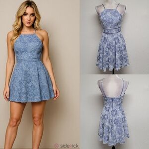 Retro Y2K City Triangles Blue Floral Lace Lattice Fit & Flare Mini Skater S